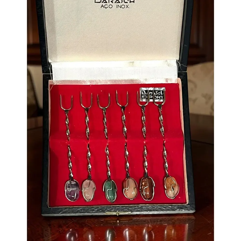 Vintage Barasch Aco Inox Cocktail Forks Semi Precious Gemstones Brazil Set of 6